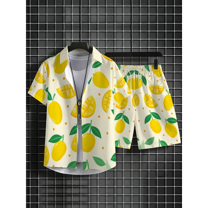 Men Linen Print Short Sleeve S - Short Linen Drawstring ulasan dan harga