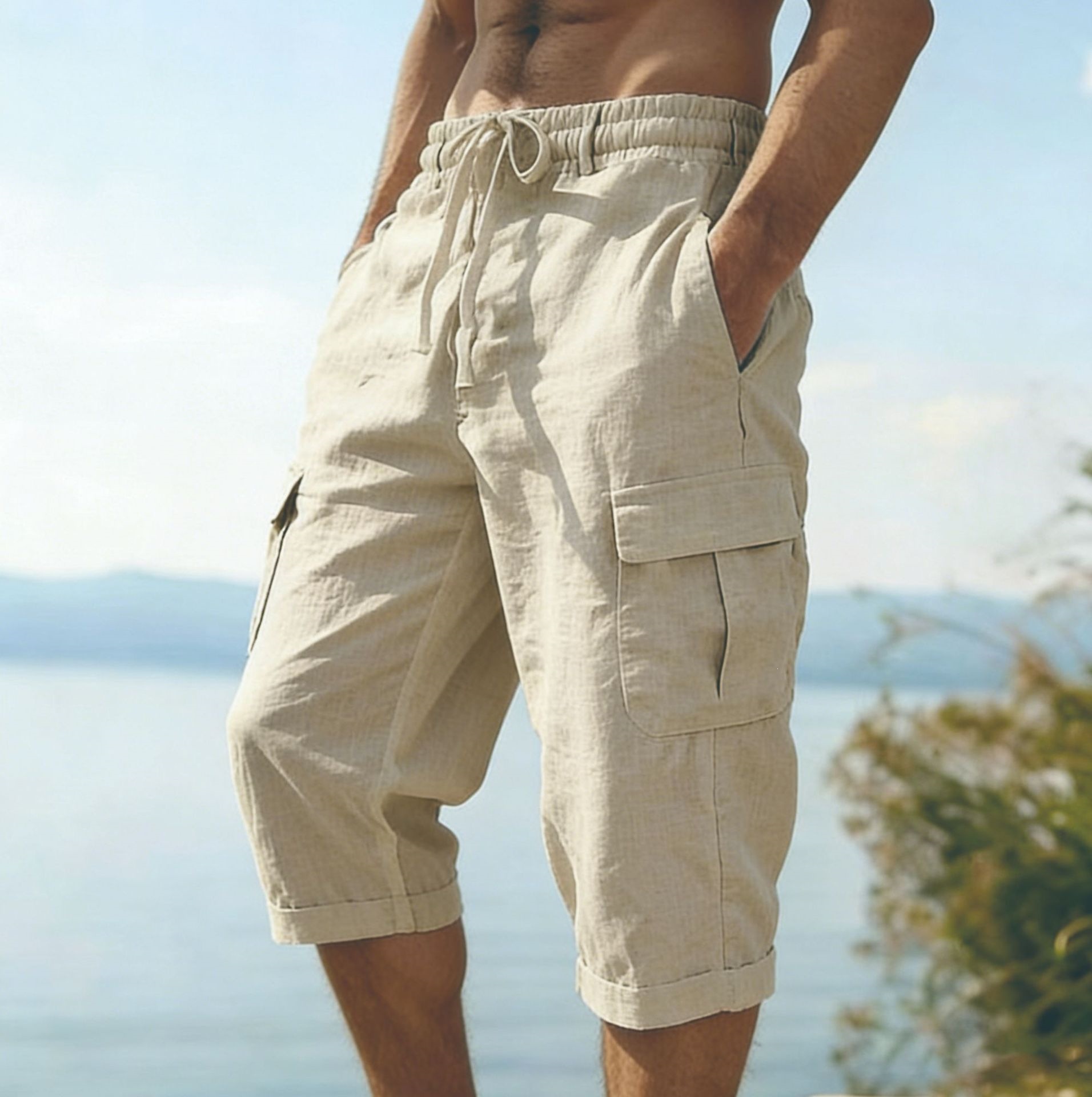 Men Summer Cotton Linen Shorts - Short Linen Drawstring ulasan dan harga